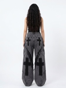 <span class=keywords><strong>Pantalon</strong></span> de survêtement unisexe en nylon/coton, coupe décontractée, jambe large, double couche de tissu, effet vieilli, teint en pièce, style baggy - Product Image 4