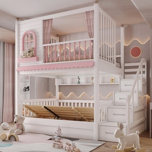 Letto a Castello in Legno Massello <span class=keywords><strong>per</strong></span> Bambine, Modello Castello dei Sogni, Colore Rosa, con Sponda Alta, Doppio Strato, Spazio di Stoccaggio e Personalizzabile - Product Image 4