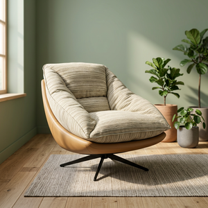 Modern Midcentury Wooden Lounge Chair With Soft Striped Cushion For Living Room Furniture - Product Image 4