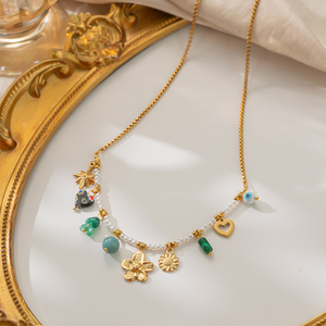 <span class=keywords><strong>Collana</strong></span> Boho Chic in Acciaio Inossidabile Placcato Oro 18K PVD <span class=keywords><strong>con</strong></span> Perle, Perline Verdi, Fiori, Cuori e Occhi - Gioielli alla Moda - Product Image 4