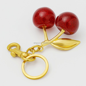 Cherry Bag Charm with Golden Key Chain Glitter Resin Purse Accessories for Bags Fashionable Crystal Key Chains