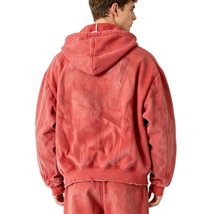 <span class=keywords><strong>Felpa</strong></span> con Cappuccio Rossa Vintage Personalizzata di Alta Qualità, con Zip Intera, Stile Streetwear, Maniche in Cotone con Strass e Bordi Grezzi, Effetto Lavato - Product Image 5