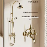 Ensemble de douche rétro style français avec barre coulissante, jet pluie, fixation murale, cartouche céramique, robinet de douche intégré doré pour salle de bain