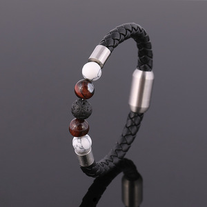 Natural Stone Beaded <b>Leather</b> <b>Bracelet</b> | Handmade Braided Genuine <b>Leather</b> with Magnetic PVD Gold Clasp | Men's Fashion Jewelry - Product Image 2