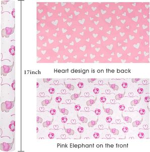 Papier cadeau pour la fête prénatale des filles, adorable éléphant rose de dessin animé, imprimé double face avec des cœurs, personnalisable - Product Image 2