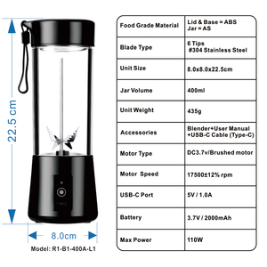 Portable Blender 400ml Battery-Powered Juicer with Turbo Mode BPA-Free Container Leak Proof & Easy-Cleaning - Product Image 6