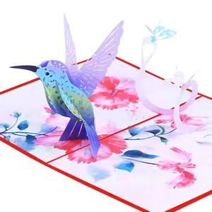 创意彩印紫色蜂鸟蝴蝶纸雕镂空3D问候手写祝福鸟卡