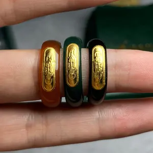 Fabricante Myanmar Jade Ring Incrustado Ouro 24K Pixiu 999 Padrão De Ouro Texto Banda Anel Atacado Artesanato Anel