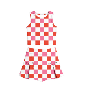 GSD3788 Ensemble de yoga sans manches pour enfant, jupe à carreaux orange et blanc, tenue d'été pour petite fille active, vente en gros - Product Image 2