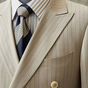 Blazer da Uomo Beige a Righe Sottili in Poliestere <span class=keywords><strong>Doppiopetto</strong></span> Vestibilità Sartoriale Retrò per Abbigliamento Business <span class=keywords><strong>Estivo</strong></span> e Pendolarismo - Product Image 3