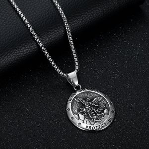 Collier pendentif ange Saint Michel en acier inoxydable, bijoux ronds unisexes, cadeau - Product Image 3