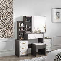 Table de maquillage moderne bureau 4 tiroirs 3 ouverts 3 étagères cachées gris foncé blanc coiffeuse miroir tabouret pour chambre salon