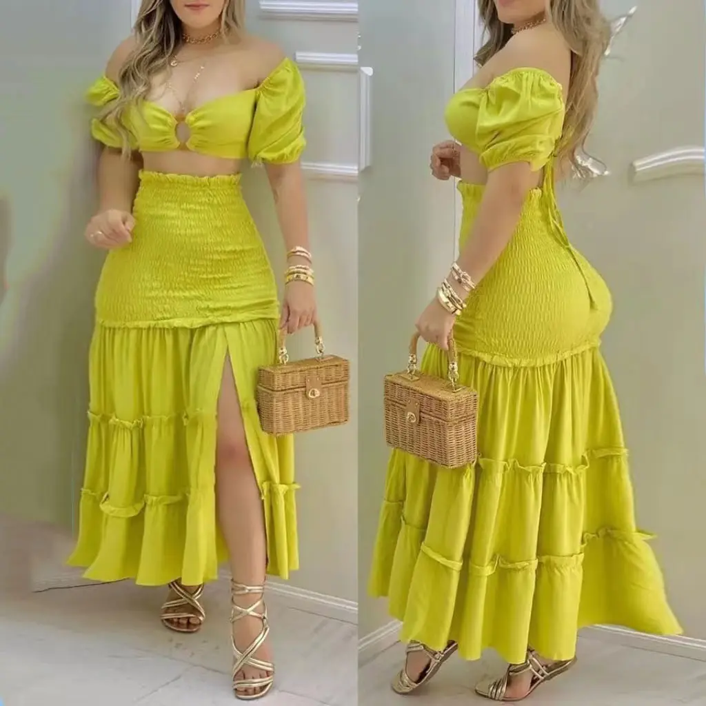 hot new sweet fashion solid color short-sleeved color matching printed long skirt suit wome two piece set pleated long dress