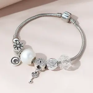 DIY Bracelet Jewelry Big Hole Beaded Beaded Key Pendant Bracelet Glass Beads Heart Shaped Lock Charm Bracelet Women