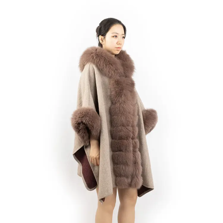 Wholesale Elegant Grey Hooded Cashmere Poncho with Real Fox Fur Trim Fashion Women Fur Cape Shawl