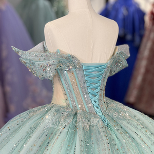 ชุดเดรสงาน Quinceanera ผ้าชีฟองสีเขียว ประดับเลื่อมและลูกปัด  ทรงบอลกาวน์  คอวี  จับจีบ  ยาวแบบ Maxi  รุ่น Dy1387 - Product Image 6
