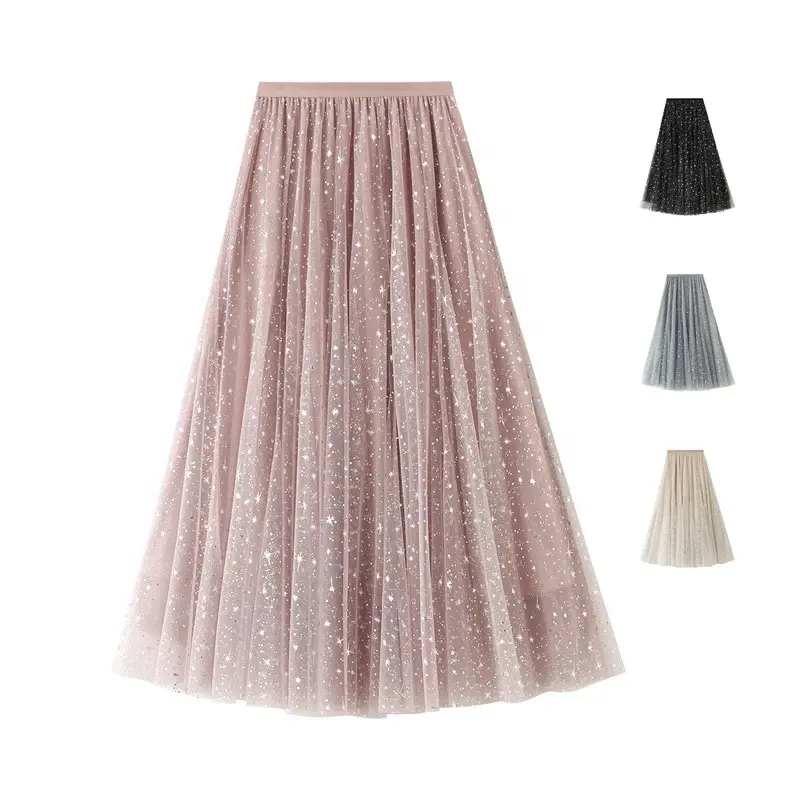 Fashion elegant tulle long pleated net skirt ladies a line sequin star Mashi short skirt new design spring women street dress