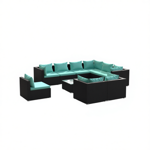 Ensemble de salon de jardin en rotin noir 8 places, mobilier d'extérieur au design contemporain, coussins bleu ciel - Product Image 1