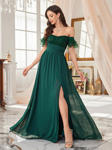 Robe de soirée formelle en mousseline de soie pour femmes, couleur verte, épaules dénudées, paillettes, perles, volants, manches à 3 couches, ceinture à la taille, fente latérale plissée - Product Image 5