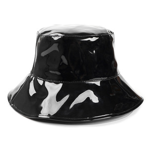 Black PU Bucket <b>Hat</b> Women Winter Casual Wide Brim <b>Flat</b> Top Fashion <b>Hat</b> - Product Image 5
