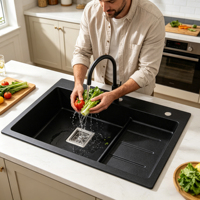Évier de cuisine à cuve unique en granit noir mat, composite de pierre de quartz de 10 mm d'épaisseur, fait main, couleur personnalisée, avec deux trous