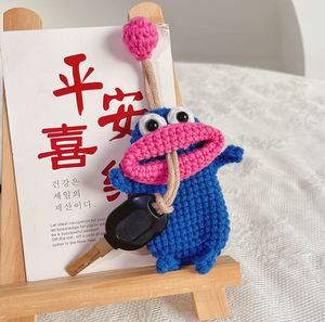 Porte-clés en <span class=keywords><strong>laine</strong></span> tricoté à la main, motif dessin animé mignon bouche de saucisse, en acier inoxydable tressé, écologique, petit lot - Product Image 3