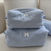 Pochette de maquillage douce bleue faite à la main, personnalisée, pour les voyages, les outils de coiffure, pochette de cosmétiques en coton mignonne pour femmes