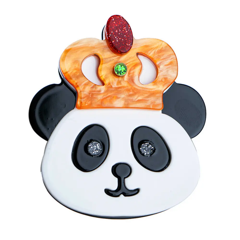 Partysu Sweet Animal Resin Brooches Inlay Round Crystal Eyes Orange Crown White Black Acrylic Panda Brooches Pin Creative Gift