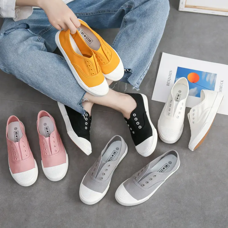 Wholesale fashion flat printed plain vulcanized rubber casual slip on loafers custom blank canvas shoes white fall shoes women