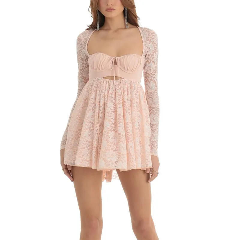 Mini robes roses en dentelle ajourée à manches longues pour femmes, vêtement décontracté pour filles, Club, Sexy, à la mode, dos nu, nœud papillon, 2023