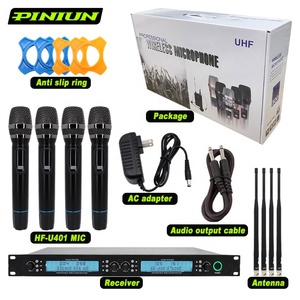 PINIUN Microphone <span class=keywords><strong>HF</strong></span>-U401 <span class=keywords><strong>sans</strong></span> <span class=keywords><strong>fil</strong></span> Microphone professionnel 4 canaux Microphone karaoké scène Performance Microphone chantant portable - Product Image 1