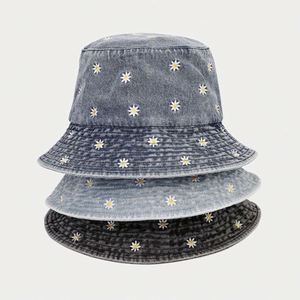 Chapeau de pêcheur pliable en jean coréen brodé de petites fleurs pour femme, idéal pour <span class=keywords><strong>le</strong></span> printemps et l'été, protection solaire extérieure - Product Image 2