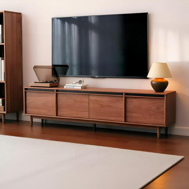 Mid-Century Modern Solid Wood TV Stand 4 Drawers Tapered Legs Low-Profile Design Warm Walnut Finish Durable Eco-Friendly TVs