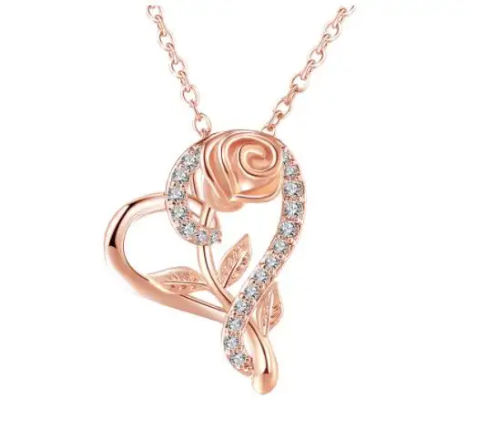 New Hot Sale 18 Inch Flower Rose Crystal Love Heart Necklace For Girlfriend Valentine Gift Jewelry