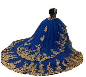 S1023F Vestido de Gala Azul Marino Elegante para Quinceañera, Personalizado, con Hombros Descubiertos, Largo hasta el Suelo, con Detalles Naturales - Product Image 3