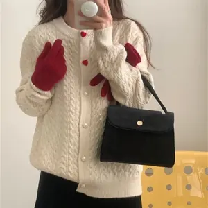 Cardigan manufacture fashion Love button up white sweater christmas cardigan twist design women lightweight knitted cardigans