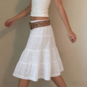 Jupe mi-longue décontractée de style bohème, couleur unie, respirante, avec dentelle, taille élastique, pour l'été - Product Image 5