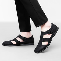 Nouvelles sandales pour hommes respirantes à bout rond, motif uni, antidérapantes, à enfiler, en cuir, rehaussantes, chaussures habillées d'affaires