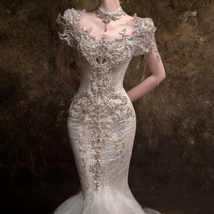 LSHT136 Vestido de Novia Largo y Elegante con Cuello Alto y Borlas, Estilo Sirena, con Encaje Floral y Bordado de Cristales para Fiesta - Product Image 4