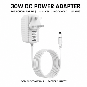 อะแดปเตอร์ไฟฟ้า 30W สำหรับสหราชอาณาจักร OEM ODM รับทำโลโก้ตามสั่ง MOQ ต่ำ ขายส่ง 18V DC สำหรับอุปกรณ์เสริมลำโพงอัจฉริยะ - Product Image 1