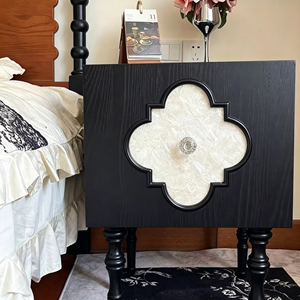 Premium <b>Black</b> Solid Wood Nightstand French Vintage Mother-of-pearl Inlay Spindle Legs Bedroom Furniture Stable <b>Bedside</b> <b>Cabinet</b> - Product Image 4