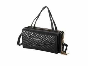 Cartera de mujer con doble cremallera, mini, de microfibra, cuero sintético, diseño de diamantes, estilo clásico, con correa para la muñeca - Product Image 1