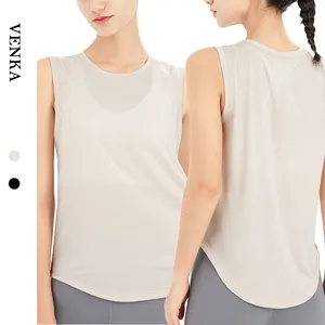 Groothandel Vrouwen Custom Logo Gebogen Zoom Gym Wear Vest Dames Training Tank Mesh Netto Mouwloze Ademend Shirt Tops