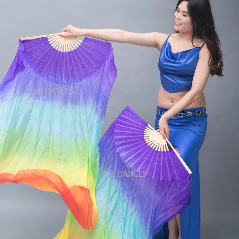 SHEDANCES 180cm Hand-dyed Rainbow Bamboo Flow Soft Silk Fan Veils for Oriental Belly Arab Egyptian Dance Silk Fan Veils