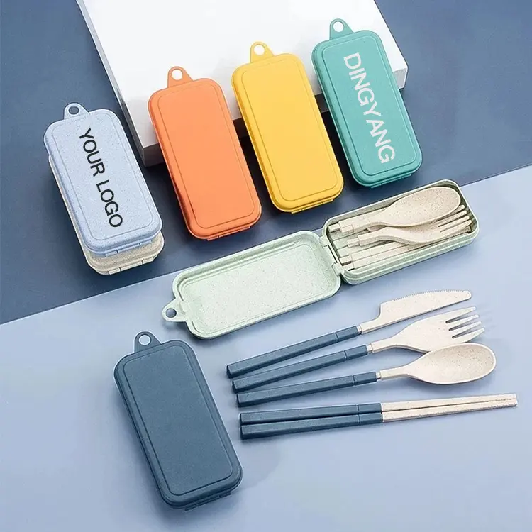 Eco-Friendly 4Pcs Dinnerware Set Portable Knife Fork Spoon Chopsticks Travel Wheat Cutlery Set with Box