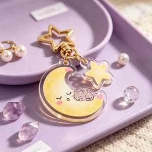 LLavero de plástico con forma de luna amarilla bonita con estampado de doble cara transparente personalizado, accesorios para <span class=keywords><strong>coche</strong></span>, llaveros acrílicos personalizados - Product Image 1