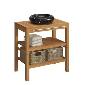 Mueble de Baño de Teca con Lavabo de Mármol Negro, Diseño Moderno de Pie - Product Image 1