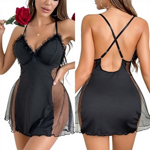 H3963 2024 New Design Lace Ruffles V-neck Slip Dress Women Erotic Nightdress Contrast Mesh <b>Sheer</b> Side <b>Sexy</b> <b>Lingerie</b> - Product Image 1