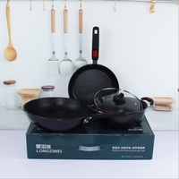 Set Peralatan Masak Anti Lengket Tiga Buah dari Bahan Batu Medis dan Besi, Cocok untuk Kompor Gas dan Induksi, Kombinasi Wajan, Hadiah