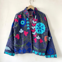 Blouson Bomber en Velours Fait Main Unisexe, Broderie Florale Bohème, Col Mandarin, Style Ouvert sur le Devant, Coton Respirant, Automne